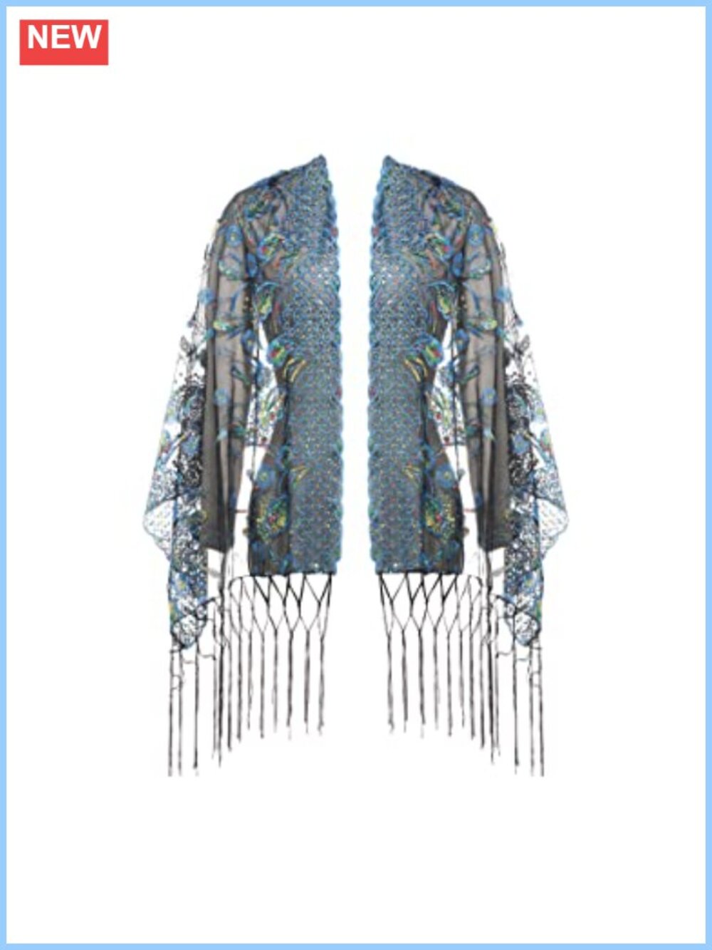 Sequin Fringed Evening Shawl Wrap Peacock Embroidery 1920s Gatsby